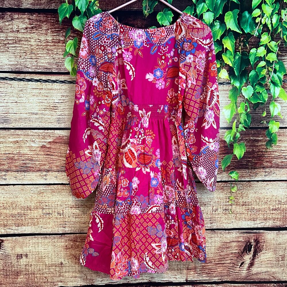 Hale Bob Mini Dress XS Paisley Fuchsia Bubble Long Sleeves Pink Floral Sundress - Picture 3 of 7